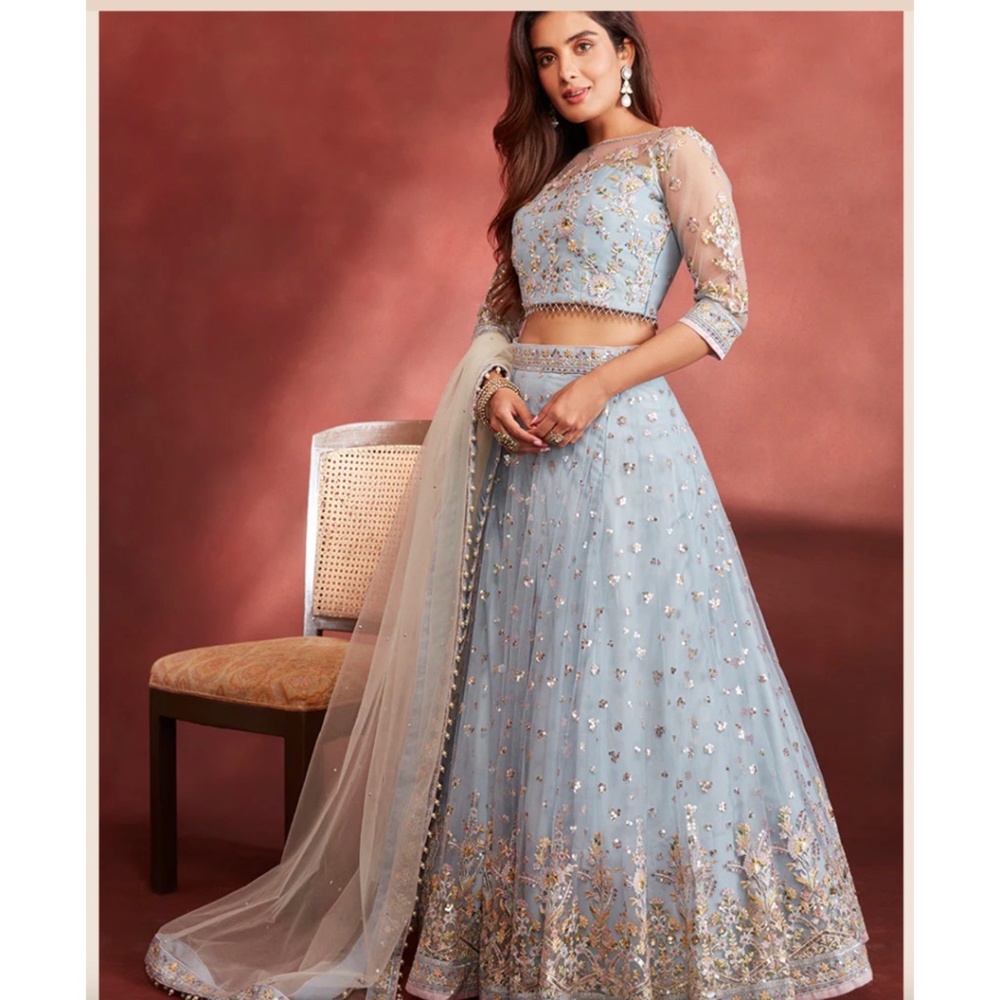 LASHKARA- Dusty Blue Embroidered Net Lehenga